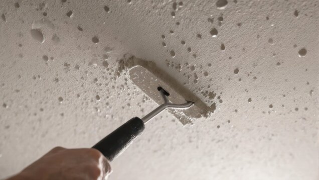 Close-up of a hand using a tool to scrape popcorn ceiling texture.