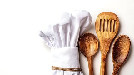 Culinary delight awaits you with this chef's hat and wooden spoons, perfect for food blogs, restaurant promos, or cooking demonstrations. Inspire creativity!