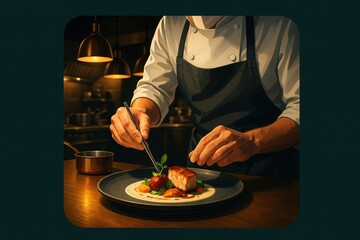 Culinary artist meticulously plating gourmet dish with attention to details showcasing exquisite textures and rich colors in an elegant restaurant environment