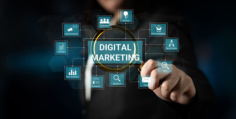 Digital marketing dashboard connecting data analytics, social media, SEO, and content strategy to improve business growth and customer engagement. Parse