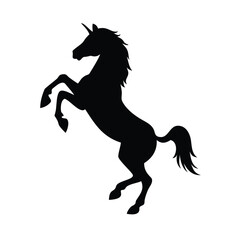 A striking silhouette of a rearing unicorn against a plain white background creating a magical imagery effect