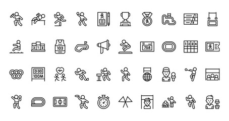 40 set of outline web track and field icons such as athlete, cup, athlete, athlete, games, vector thin icons for report, presentation, diagram, web design, mobile app
