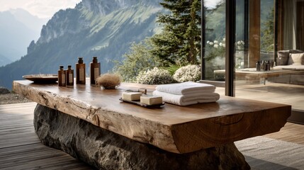 Spa setup on wooden table with mountain view, towels, bottles, and natural decor