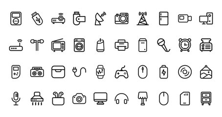 40 set of outline web device and appliance icons such as usb drive, camera, modem, printer, gamepad, game control, microphone vector thin icons for report, presentation, diagram, web design, mobile