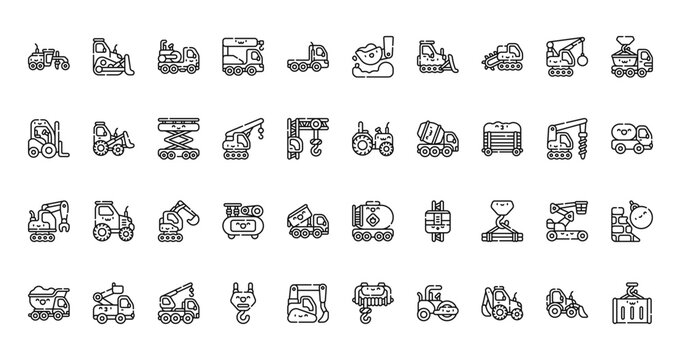 40 set of outline web construction vehicles icons such as bulldozer, excavator, forklift, tractor, grab, tanker truck, dump truck vector thin icons for report, presentation, diagram, web design,