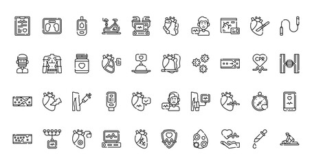 40 set of outline web cardiology icons such as body weight, fat, doctor, smoking, artherosclerosis, woman, thrombosis vector thin icons for report, presentation, diagram, web design, mobile app