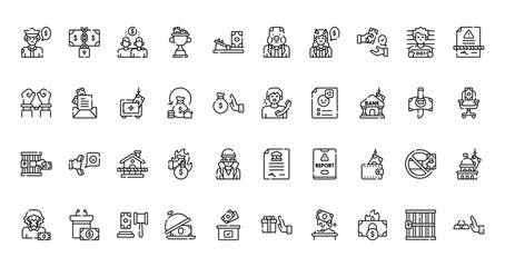 40 set of outline web corruption icons such as property, corruptor, arrest, complaint, bribe, legal, silent money vector thin icons for report, presentation, diagram, web design, mobile app