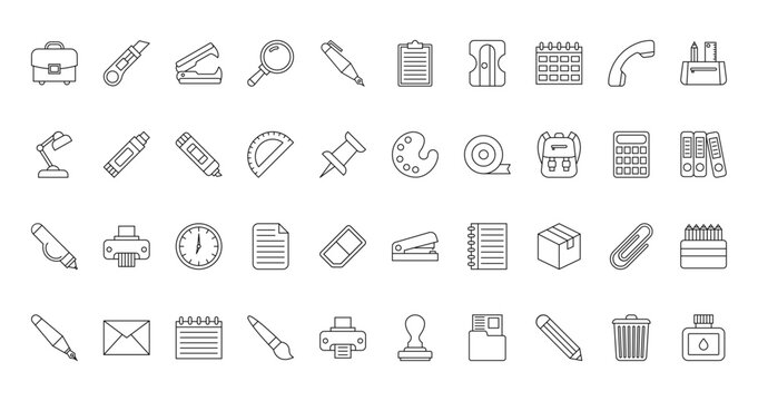 40 set of outline web stationery icons such as cutter, clipbboard, table lamp, color palette, corrector, stapler, fountain pen vector thin icons for report, presentation, diagram, web design, mobile