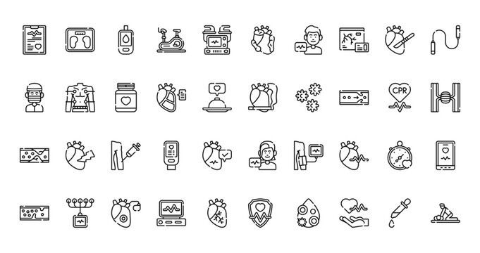 40 set of outline web cardiology icons such as body weight, fat, doctor, smoking, artherosclerosis, woman, thrombosis vector thin icons for report, presentation, diagram, web design, mobile app