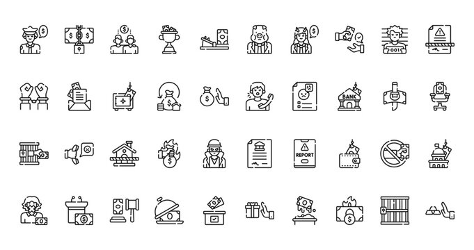 40 set of outline web corruption icons such as property, corruptor, arrest, complaint, bribe, legal, silent money vector thin icons for report, presentation, diagram, web design, mobile app