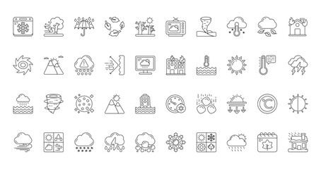 40 set of outline web weather icons such as windy, online, typhoon, building on fire, rainy, snow blower, windy vector thin icons for report, presentation, diagram, web design, mobile app