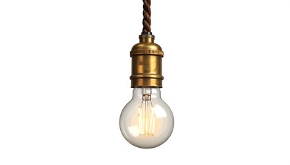 A vintage-style Edison bulb hangs, illuminated, with a bronze fixture and twisted brown cord