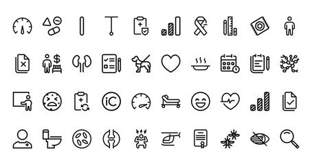 40 set of outline web health icons such as drug, bars, paper, heart, training, hospital, health vector thin icons for report, presentation, diagram, web design, mobile app