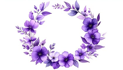 A watercolor floral wreath, showcasing a spectrum of purple blooms and leaves on white