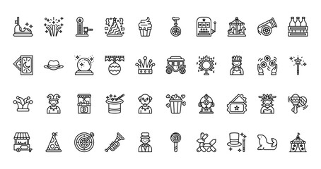 40 set of outline web carnival icons such as firecracker, unicycle, tarot card, carriage, joker hat, popcorn, food cart vector thin icons for report, presentation, diagram, web design, mobile app