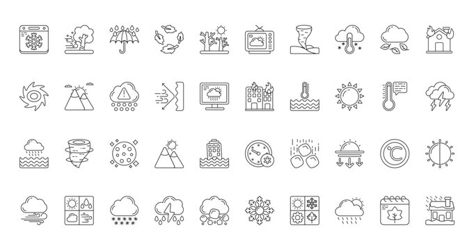 40 set of outline web weather icons such as windy, online, typhoon, building on fire, rainy, snow blower, windy vector thin icons for report, presentation, diagram, web design, mobile app