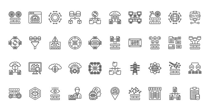 40 set of outline web big data icons such as velocity, cloud storage, data exchange, load balaning, predictive modeling, sources, availability vector thin icons for report, presentation, diagram,