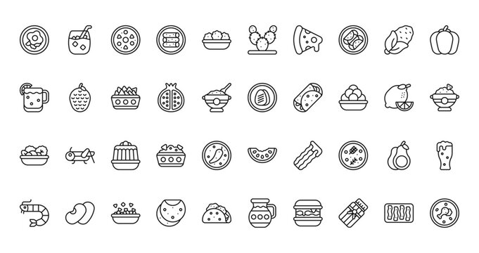 40 set of outline web mexican food icons such as horchata, prickly pear, michelada, grilled cactus, salad, watermelon, shrimp vector thin icons for report, presentation, diagram, web design, mobile