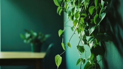 lush indoor greenery, a vibrant cascade of heartleaf philodendron against a serene green backdrop, evokes tranquility and natural beauty