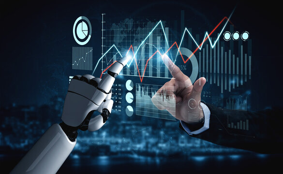 This image portrays a human hand and a robotic hand engaging in data analysis through digital displays, highlighting technology role in modern decision-making. Scalp