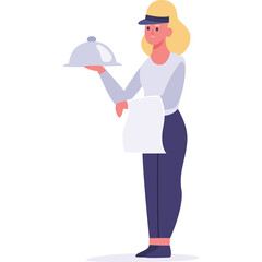 Woman Server In Blue Pants And White Long Sleeve Shirt With Silver Service Dome And Napkin Presenting Food Isolated On White