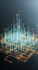 Abstract visualization of a futuristic smart city with glowing skyscrapers and complex interconnected data pathways representing big data