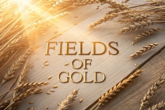 Text Fields Of Gold over harvested wheat in warm sunlight