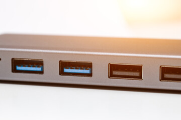 USB hub, docking station for USB 2.0, 3.0, USB ports close-up