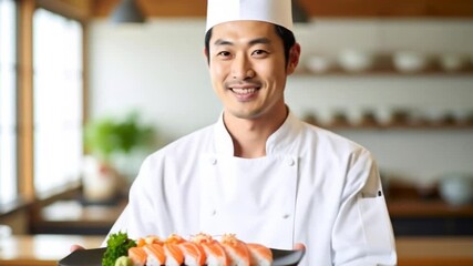 Chef presents sushi rolls.