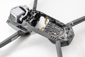 Disassembled drone after a fall, drone without the upper part of the body.