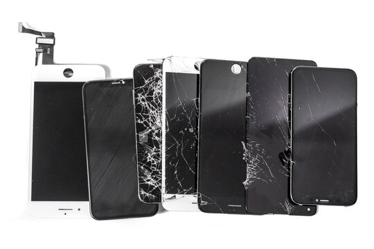 Lots of broken phone screens, broken phone
