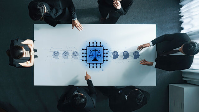 A diverse business team engages in a thoughtful discussion about AI ethics and law implementation, highlighting the intersection of technology and justice. Trope