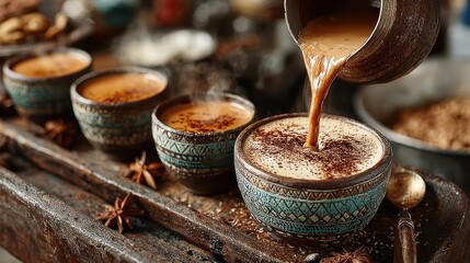 Aromatic coffee being poured into a cup with spices, close-up shot of the drink serving
