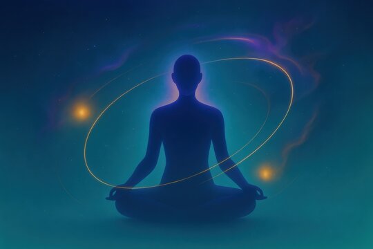 Meditative silhouette surrounded by cosmic energy, representing spiritual connection, mindfulness, and the exploration of inner consciousness in a tranquil celestial atmosphere