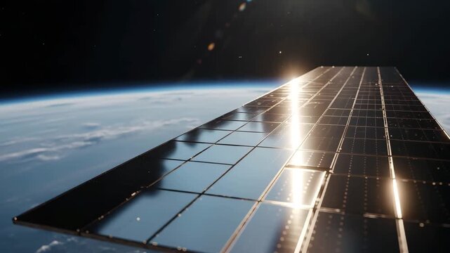 Satellite solar panel orbiting Earth sunlit space technology clean energy innovation 4K Ai HD high quality video.

