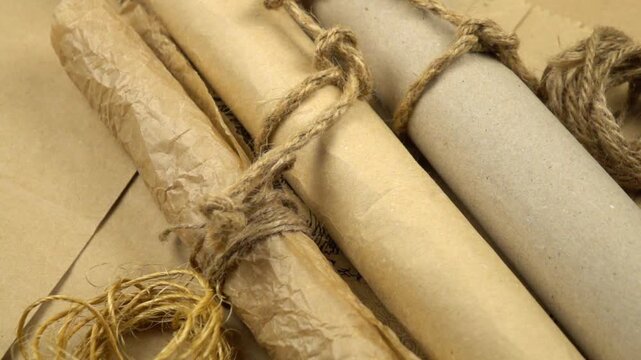 A piece of jute twine falls onto rolls of wrapping paper, slow motion. Various samples of paper and twines for wrapping. 