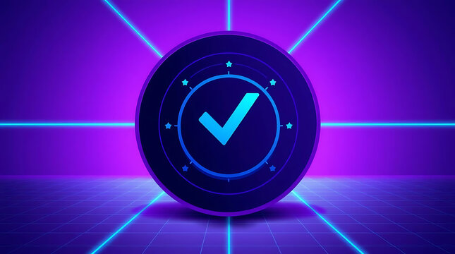 A glowing blue check mark inside a dark circle with neon lines extending outward on a purple background creates a futuristic and technological feel, suggesting success and validation