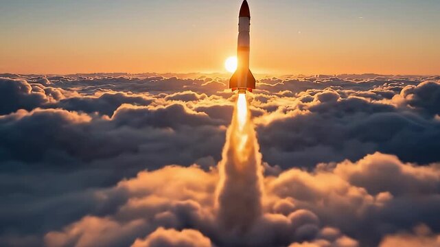 A powerful, sleek rocket dramatically ascends through a luminous layer of golden-edged clouds, with the radiant sun creating a brilliant lens flare in the backdrop. The fiery orange and red exhaust pl