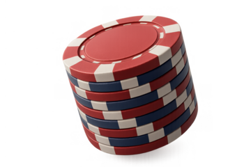 Stack of red, white, and blue poker chips for gambling, casino games, betting, and winning on transparent background