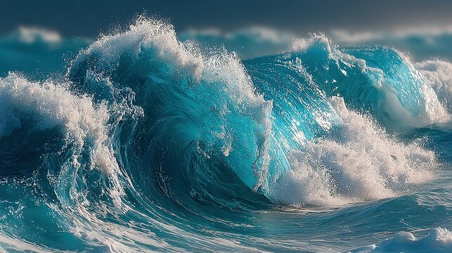 Ocean waves crashing with white foam and blue water in a seascape. - Powered by Adobe