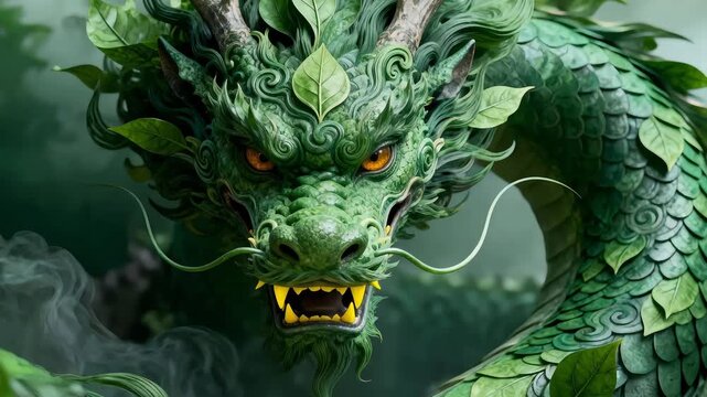 Majestic green dragon with leafy scales and glowing amber eyes coils amidst swirling mist a symbol of nature power and mythical fantasy art perfect for wallpapers and digital designs