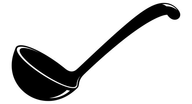 Black and white silhouette of a kitchen ladle, a common utensil for serving liquids and soups.