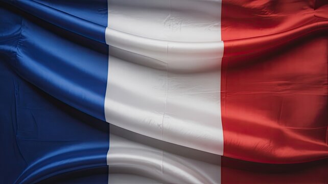 Elegant silk French flag close up tricolor blue white red fabric background symbol of France patriotism celebration