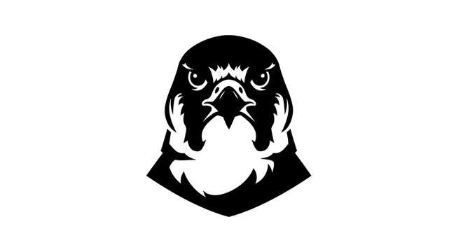 Black and white stencil illustration of a falcon head.