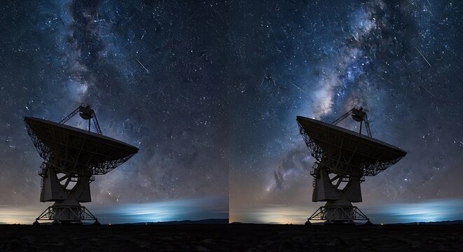 A magnificent radio telescope stands silhouetted against a night sky filled with stars and the Milky Way galaxy, showcasing a breathtaking astronomical scene.