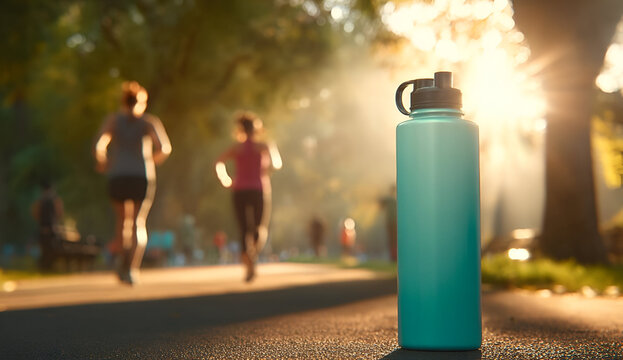 A dynamic scene featuring a water bottle in focus while joggers run in a sunny park, promoting health and an active lifestyle.