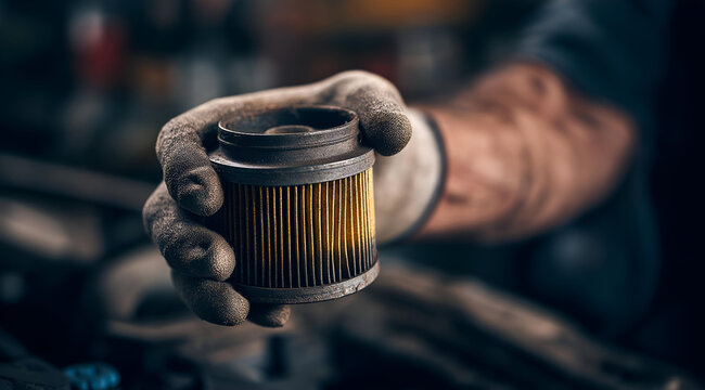 A mechanic holds an oil filter, showcasing the importance of regular vehicle maintenance and repair in automotive industry.