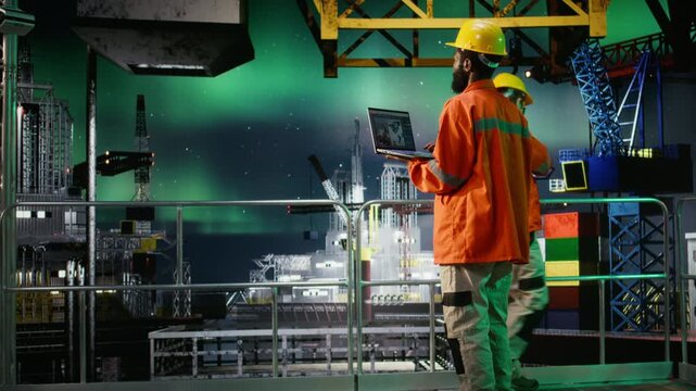 Black engineer on offshore platform monitoring emission data, petroleum and fossil fuels extraction from the marine habitat. Oil production operations under aurora borealis. Camera A.