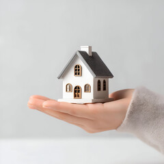 A hand holding a miniature house symbolizes home ownership and real estate dreams, reflecting personal aspirations and stability.