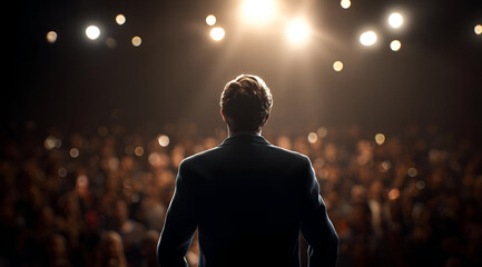 A powerful public speaker stands confidently on stage, addressing an attentive audience under bright stage lights.